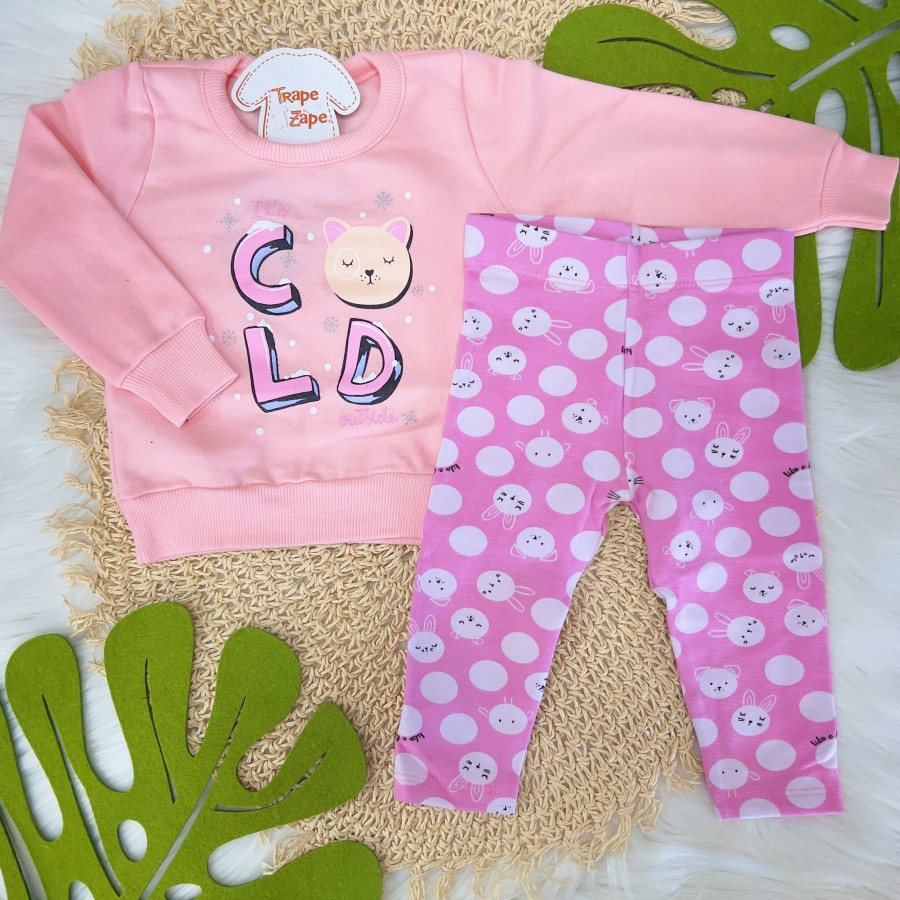  Conj. Blusa Gatinha It's Cold e Calça Legging Bichinhos - Rosa